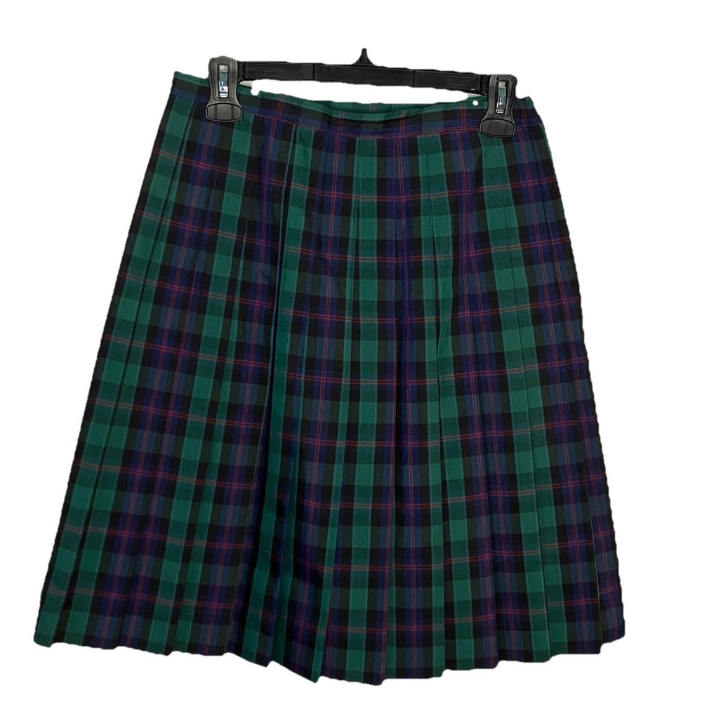 Vintage Diane Richard Green Plaid Pleated Midi Skirt Made in USA Size 12